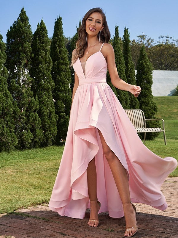 A-Line/Princess Stretch Crepe Ruched Spaghetti Straps Sleeveless Asymmetrical Bridesmaid Dresses Evening Prom Dress