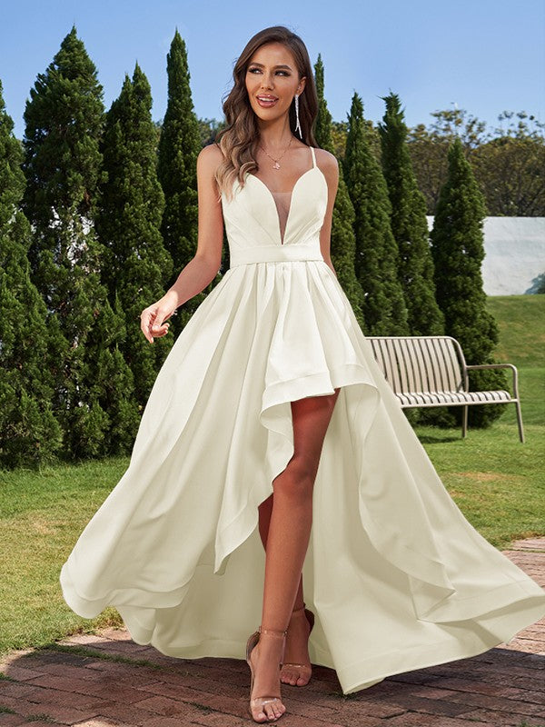 A-Line/Princess Stretch Crepe Ruched Spaghetti Straps Sleeveless Asymmetrical Bridesmaid Dresses Evening Prom Dress