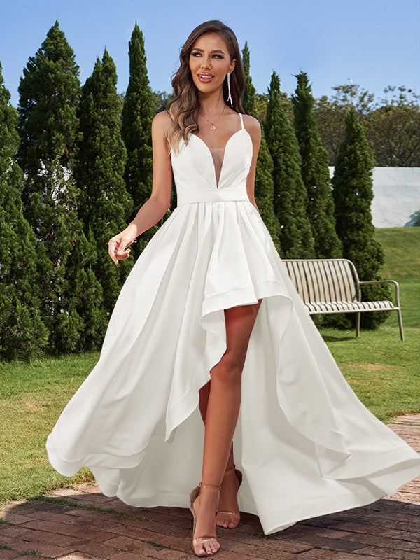 A-Line/Princess Stretch Crepe Ruched Spaghetti Straps Sleeveless Asymmetrical Bridesmaid Dresses Evening Prom Dress