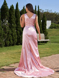A-Line/Princess Silk like Satin Ruched V-neck Sleeveless Sweep/Brush Train Bridesmaid Dresses Formal Evening Dress