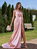 A-Line/Princess Silk like Satin Ruched V-neck Sleeveless Sweep/Brush Train Bridesmaid Dresses Formal Evening Dress