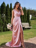 A-Line/Princess Silk like Satin Ruched V-neck Sleeveless Sweep/Brush Train Bridesmaid Dresses Formal Evening Dress