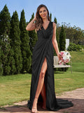 A-Line/Princess Silk like Satin Ruched V-neck Sleeveless Sweep/Brush Train Bridesmaid Dresses Formal Evening Dress