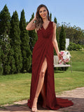 A-Line/Princess Silk like Satin Ruched V-neck Sleeveless Sweep/Brush Train Bridesmaid Dresses Formal Evening Dress