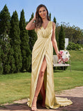 A-Line/Princess Silk like Satin Ruched V-neck Sleeveless Sweep/Brush Train Bridesmaid Dresses Formal Evening Dress