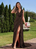 A-Line/Princess Silk like Satin Ruched V-neck Sleeveless Sweep/Brush Train Bridesmaid Dresses Formal Evening Dress