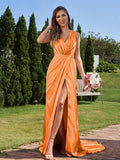 A-Line/Princess Silk like Satin Ruched V-neck Sleeveless Sweep/Brush Train Bridesmaid Dresses Formal Evening Dress