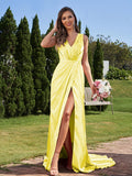 A-Line/Princess Silk like Satin Ruched V-neck Sleeveless Sweep/Brush Train Bridesmaid Dresses Formal Evening Dress