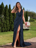 A-Line/Princess Silk like Satin Ruched V-neck Sleeveless Sweep/Brush Train Bridesmaid Dresses Formal Evening Dress