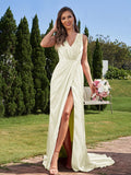 A-Line/Princess Silk like Satin Ruched V-neck Sleeveless Sweep/Brush Train Bridesmaid Dresses Formal Evening Dress