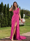 A-Line/Princess Silk like Satin Ruched V-neck Sleeveless Sweep/Brush Train Bridesmaid Dresses Formal Evening Dress
