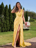 A-Line/Princess Silk like Satin Ruched V-neck Sleeveless Sweep/Brush Train Bridesmaid Dresses Formal Evening Dress