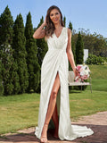 A-Line/Princess Silk like Satin Ruched V-neck Sleeveless Sweep/Brush Train Bridesmaid Dresses Formal Evening Dress