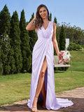A-Line/Princess Silk like Satin Ruched V-neck Sleeveless Sweep/Brush Train Bridesmaid Dresses Formal Evening Dress