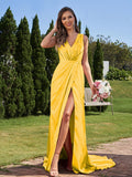 A-Line/Princess Silk like Satin Ruched V-neck Sleeveless Sweep/Brush Train Bridesmaid Dresses Formal Evening Dress