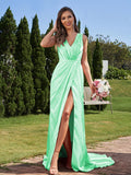 A-Line/Princess Silk like Satin Ruched V-neck Sleeveless Sweep/Brush Train Bridesmaid Dresses Formal Evening Dress