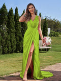 A-Line/Princess Silk like Satin Ruched V-neck Sleeveless Sweep/Brush Train Bridesmaid Dresses Formal Evening Dress