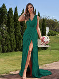 A-Line/Princess Silk like Satin Ruched V-neck Sleeveless Sweep/Brush Train Bridesmaid Dresses Formal Evening Dress