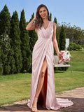A-Line/Princess Silk like Satin Ruched V-neck Sleeveless Sweep/Brush Train Bridesmaid Dresses Formal Evening Dress