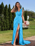 A-Line/Princess Silk like Satin Ruched V-neck Sleeveless Sweep/Brush Train Bridesmaid Dresses Formal Evening Dress