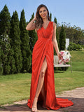 A-Line/Princess Silk like Satin Ruched V-neck Sleeveless Sweep/Brush Train Bridesmaid Dresses Formal Evening Dress