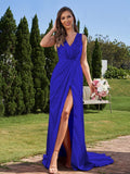 A-Line/Princess Silk like Satin Ruched V-neck Sleeveless Sweep/Brush Train Bridesmaid Dresses Formal Evening Dress