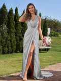 A-Line/Princess Silk like Satin Ruched V-neck Sleeveless Sweep/Brush Train Bridesmaid Dresses Formal Evening Dress