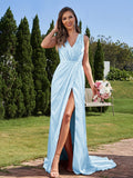A-Line/Princess Silk like Satin Ruched V-neck Sleeveless Sweep/Brush Train Bridesmaid Dresses Formal Evening Dress