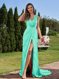 A-Line/Princess Silk like Satin Ruched V-neck Sleeveless Sweep/Brush Train Bridesmaid Dresses Formal Evening Dress