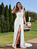 A-Line/Princess Silk like Satin Ruched V-neck Sleeveless Sweep/Brush Train Bridesmaid Dresses Formal Evening Dress