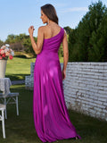 A-Line/Princess Jersey Ruched One-Shoulder Sleeveless Floor-Length Bridesmaid Dresses Evening Prom Dress