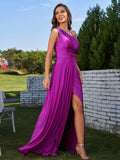A-Line/Princess Jersey Ruched One-Shoulder Sleeveless Floor-Length Bridesmaid Dresses Evening Prom Dress