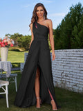 A-Line/Princess Jersey Ruched One-Shoulder Sleeveless Floor-Length Bridesmaid Dresses Evening Prom Dress