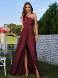 A-Line/Princess Jersey Ruched One-Shoulder Sleeveless Floor-Length Bridesmaid Dresses Evening Prom Dress