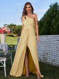 A-Line/Princess Jersey Ruched One-Shoulder Sleeveless Floor-Length Bridesmaid Dresses Evening Prom Dress