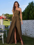 A-Line/Princess Jersey Ruched One-Shoulder Sleeveless Floor-Length Bridesmaid Dresses Evening Prom Dress