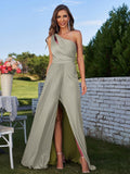A-Line/Princess Jersey Ruched One-Shoulder Sleeveless Floor-Length Bridesmaid Dresses Evening Prom Dress