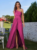 A-Line/Princess Jersey Ruched One-Shoulder Sleeveless Floor-Length Bridesmaid Dresses Evening Prom Dress