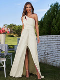 A-Line/Princess Jersey Ruched One-Shoulder Sleeveless Floor-Length Bridesmaid Dresses Evening Prom Dress