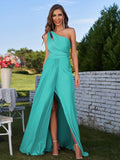 A-Line/Princess Jersey Ruched One-Shoulder Sleeveless Floor-Length Bridesmaid Dresses Evening Prom Dress