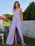 A-Line/Princess Jersey Ruched One-Shoulder Sleeveless Floor-Length Bridesmaid Dresses Evening Prom Dress