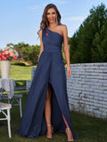 A-Line/Princess Jersey Ruched One-Shoulder Sleeveless Floor-Length Bridesmaid Dresses Evening Prom Dress