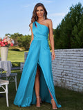 A-Line/Princess Jersey Ruched One-Shoulder Sleeveless Floor-Length Bridesmaid Dresses Evening Prom Dress