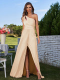 A-Line/Princess Jersey Ruched One-Shoulder Sleeveless Floor-Length Bridesmaid Dresses Evening Prom Dress