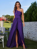 A-Line/Princess Jersey Ruched One-Shoulder Sleeveless Floor-Length Bridesmaid Dresses Evening Prom Dress
