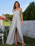 A-Line/Princess Jersey Ruched One-Shoulder Sleeveless Floor-Length Bridesmaid Dresses Evening Prom Dress
