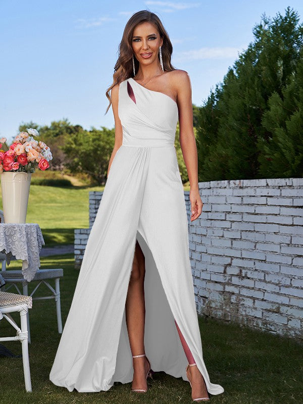 A-Line/Princess Jersey Ruched One-Shoulder Sleeveless Floor-Length Bridesmaid Dresses Evening Prom Dress