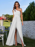 A-Line/Princess Jersey Ruched One-Shoulder Sleeveless Floor-Length Bridesmaid Dresses Evening Prom Dress