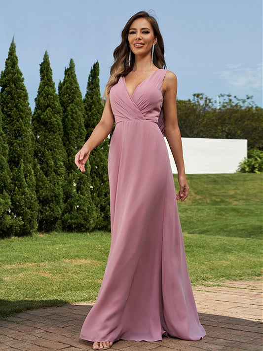 A-Line/Princess Chiffon Ruched V-neck Sleeveless Floor-Length Bridesmaid Dresses Formal Evening Dress