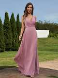 A-Line/Princess Chiffon Ruched V-neck Sleeveless Floor-Length Bridesmaid Dresses Formal Evening Dress